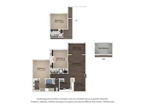 Floor plan for 2 beds, 1 bath, 1077 sqft